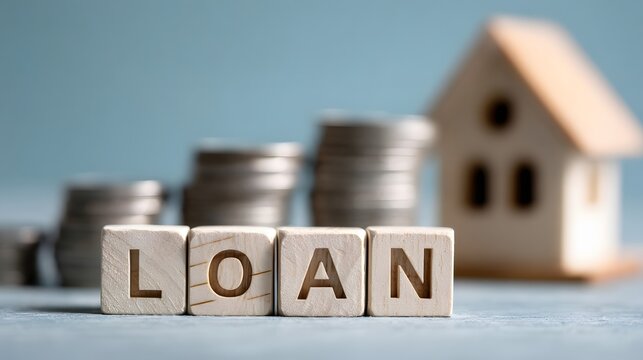 A close-up of wooden blocks spelling loan with coins and a house model in background