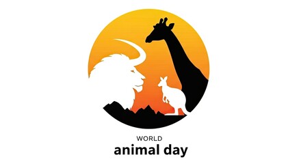 Obraz premium Celebrating World Animal Day with majestic wildlife silhouettes against a vibrant orange sunset backdrop illustration