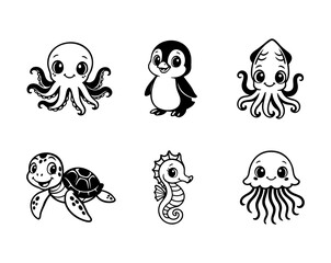 Obraz premium Ocean Animals Cartoon Bundle. Marine Life Collection