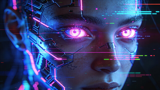 Cybernetic female face with glowing purple eyes and digital glitch effects. Close-up of humanoid android with integrated circuit patterns and neon light accents in a futuristic setting.
