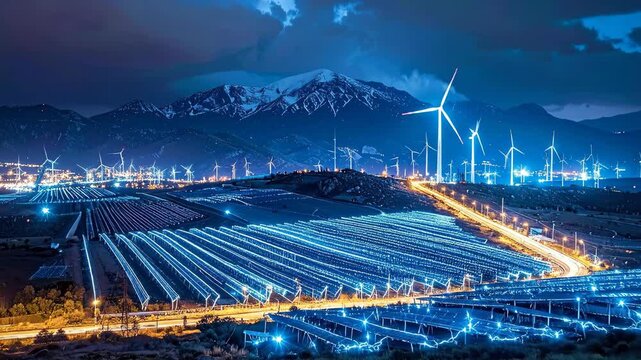 Nighttime Solar Farm with Wind Turbines and Mountain Background.