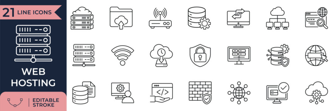 Cloud Computing Server Hosting and Network Security Line Icon Set