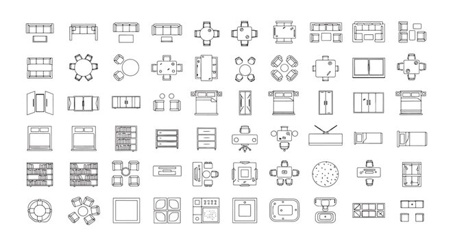 Top-View Furniture Symbols and Floor Plan Icons Set for Architecture, Interior Design and Drafting