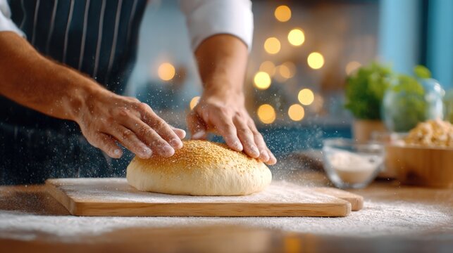 Chef hands preparing dough for baking bread on wooden board, creating fresh bakery product