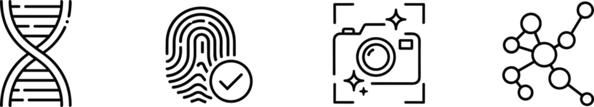 Icons representing biotechnology, security, photography, and molecular structure concepts isolated on transparent background, Vector