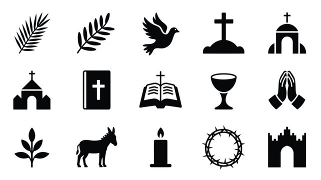 Palm sunday christian symbols and icons set including cross dove palm leaves church bible and easter elements in black silhouette on white background for religious themes and holiday