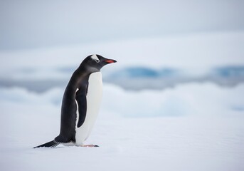 Obraz premium A lone gentoo penguin stands on snow-covered ground 