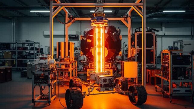Central Glowing Orange Drill Module Rising Above Lunar Rover Test Platform