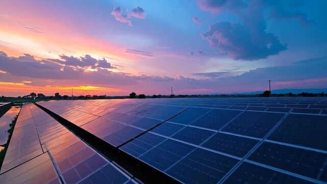 Solar Panels Array at Sunset Capturing Renewable Energy Generation.