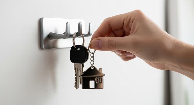Person taking house keys from a hook on the wall
