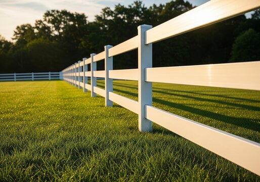 White vinyl fence in a grassy field at sunset
