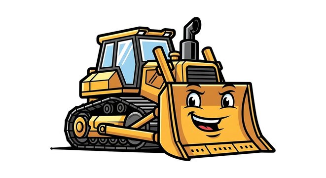 Smiling cartoon bulldozer with face.
