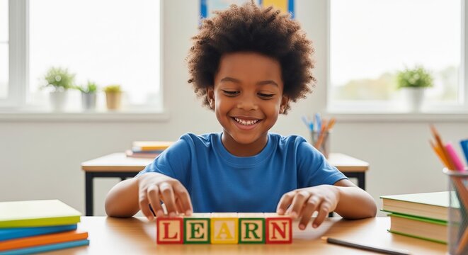 Smiling boy playing with alphabet blocks spelling learn in a classroom