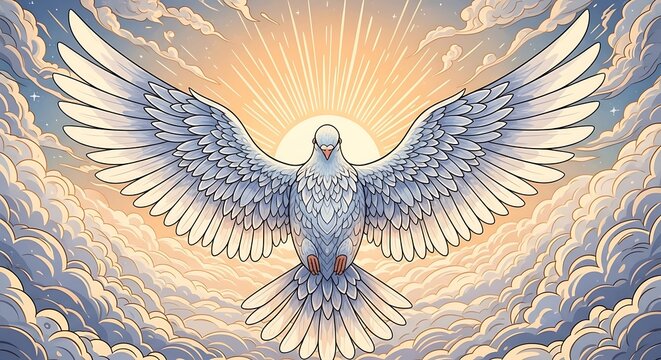 Soaring white dove with wings outspread against heavenly background