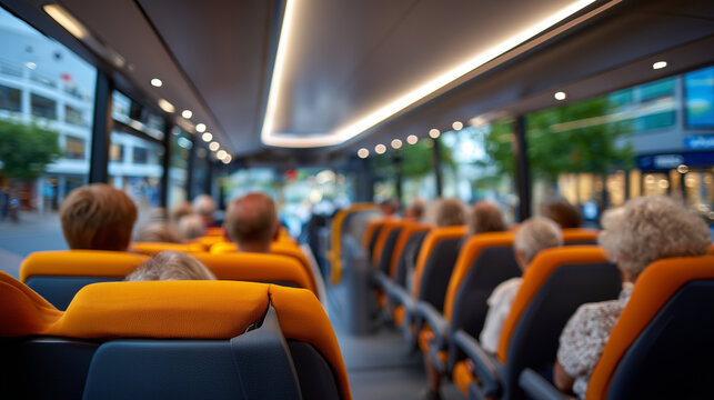 Symmetrical interior composition of a bus cabin with all visible passengers wearing fastened safety belts, ceiling lights forming a guiding line overhead, clear signage and emergen