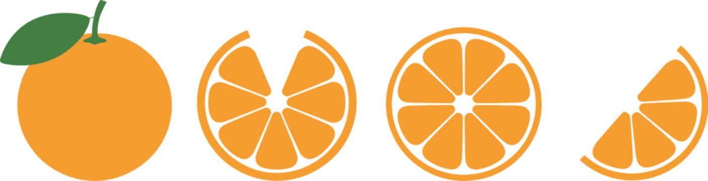 Set of orange fruit illustrations including whole orange with leaf half and sliced sections isolated on white background citrus vectors.