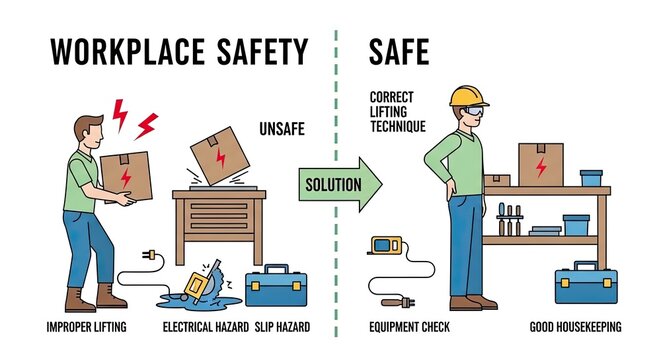 A worker is shown handling boxes correctly on the right after being shown improper lifting on the left in a workplace setting illustration