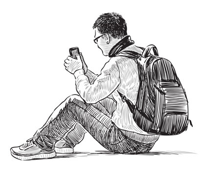 One student man with backpack sitting and looking at smartphone, realistic sketch, vector hand drawn illustration