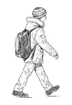School boy with backpack in jacket walking outdoors alone, side view, realistic sketch, vector outline hand drawing