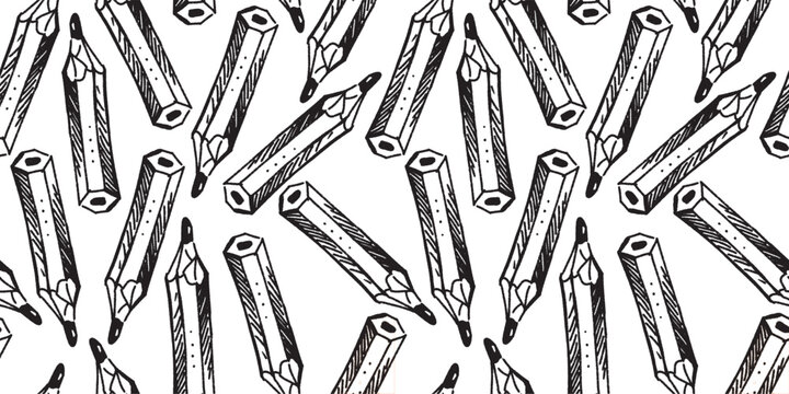 Pencils, seamless pattern, outline hand drawings, vector black and white background, paper, wallpaper