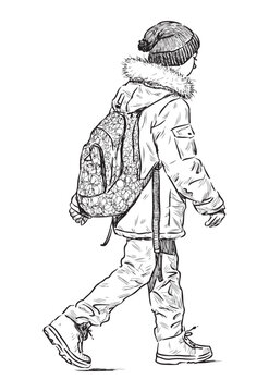 School child with backpack in jacket walking outdoors alone, side view, realistic sketch, vector outline hand drawing
