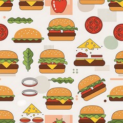 Colorful illustration of various burgers.