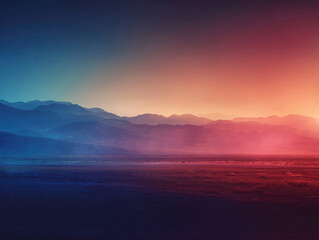 Fototapeta premium Wide, minimal desert landscape at dusk with Las Vegas skyline, mountains, clouds or mist, expansive desert plain, rich color palette deep blue, reds, pinks, digital art aesthetic, no - AI-Generated