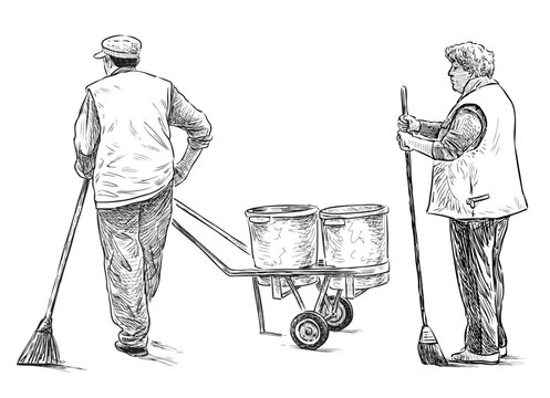 Two janitors, street cleaners with garbage cans, brooms, realistic sketch, vector hand drawn illustration isolated on white background