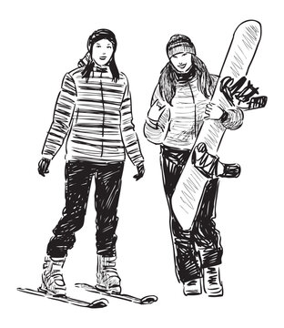 Two young cheerful sports girls students, skiing, snowboarding, realistic sketch, vector, hand drawn illustration