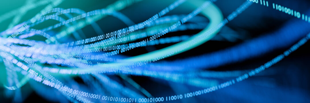 Glowing binary numbers on twisted internet cables, big data cybersecurity concept, high speed broadband connection, blockchain encryption visualization, futuristic wide format banner with copy space