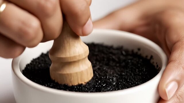 Close-up on hands grinding black seeds in a white bowl with a wooden pestle soft natural light showcasing texture and detail for culinary or