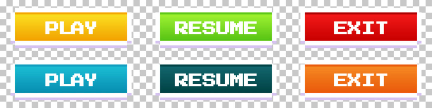 Retro Pixel Art Style Game Menu Button Set Including Play, Resume, and Exit Buttons in Multiple Colors for 8-bit Video Games.