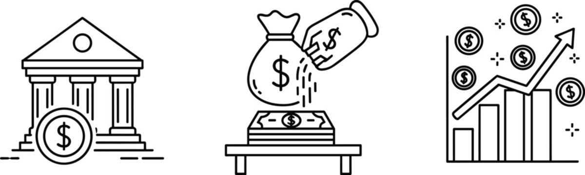 Illustrations depicting financial concepts including banking, investment, and trading isolated on transparent background, Vector
