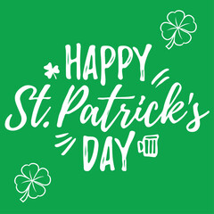 Happy St. Patrick's Day hand-drawn lettering vector design with shamrocks and beer mug. Celebratory typography on a vibrant green background, perfect for holiday greetings and festive promotions. © Nida