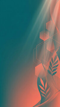 A clean and modern graphic illustration of leaves and geometric shapes in a vibrant teal and orange environment from a front viewpoint