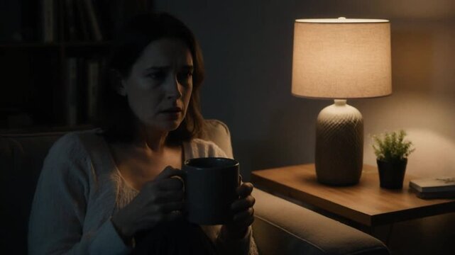 Woman relaxing at home in living room with coffee at night