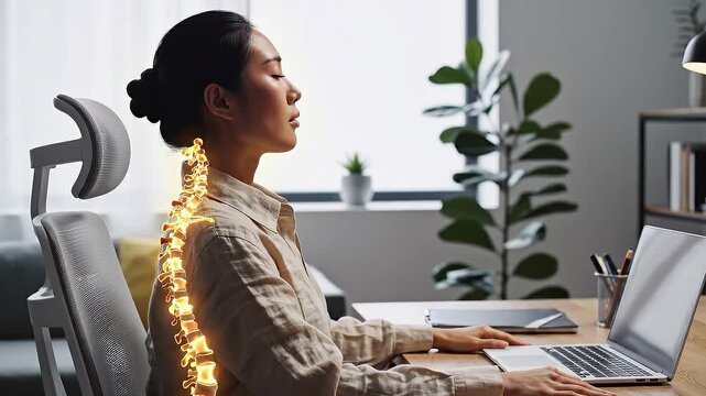Asian Woman Working at Desk with Lumbar Support Chair and Animated Spine Highlighting Good Posture