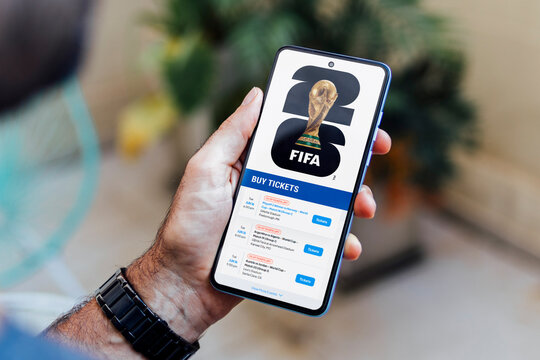 FIFA World Cup 2026 on a phone screen. Soccer, Football. World Cup match ticket sales on a website.