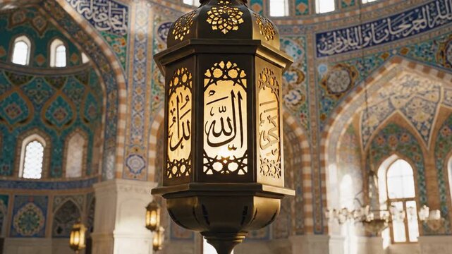 A lantern with Arabic calligraphy hangs in a mosque with ornate tilework and arches, during Ramadan