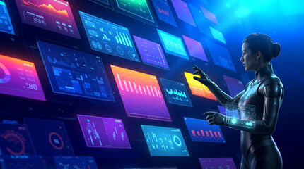 Fototapeta premium Data analyst interacting with holographic financial dashboard. Professional woman in futuristic suit monitoring stock market trends and digital analytics on virtual screens.