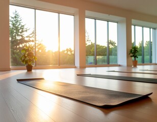 Fototapeta premium A modern workout room with yoga mats and soft warm lighting, blurred for use as a design background.