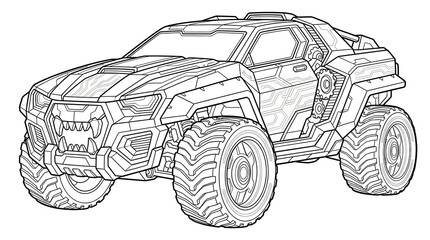 Fototapeta premium Sci-Fi Monster Truck Outline Drawing for Kids Coloring Book and Comic Illustration