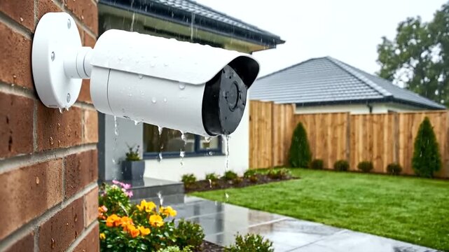 Outdoor security camera installed on a brick house wall with a garden view.