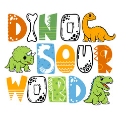 llustration for t-shirts with colourful drawing dinosaurs and funnny words. Print design for boy on white background. Grunge style vector © artlavi_design