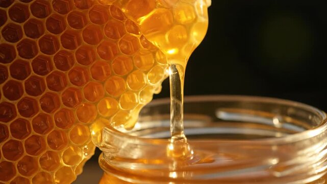 Golden honey drips from a honeycomb into a glass jar. This sweet, natural product is a delicious treat.