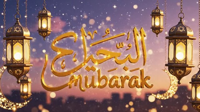 Eid Mubarak greeting card with lanterns and fireworks at night