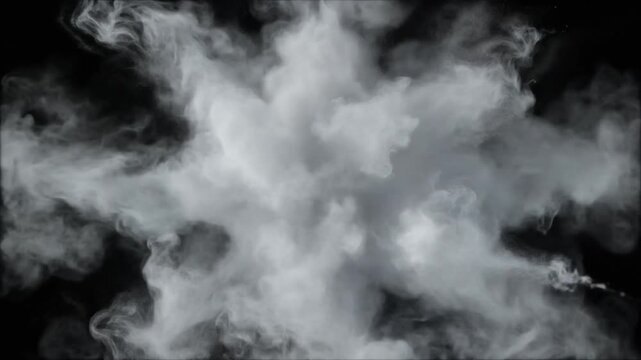 Explosive Burst of White Smoke and Particles Expanding Outward from a Central Point Against a Black Void