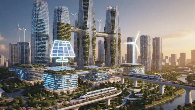 A futuristic cityscape featuring a large glass dome surrounded by sleek skyscrapers with wind turbines and lush greenery as a monorail passes by
