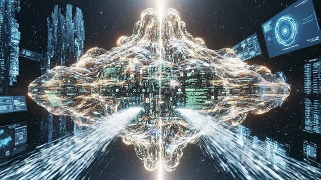 Advanced digital brain technology and artificial intelligence systems interconnected neural networks cloud computing futuristic visualization concept.