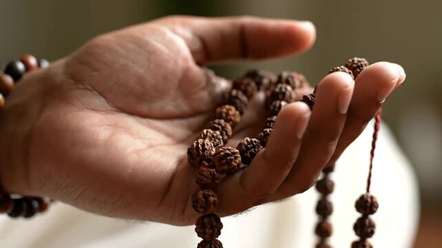 Hand holding Buddhist prayer beads for meditation and spiritual practice.